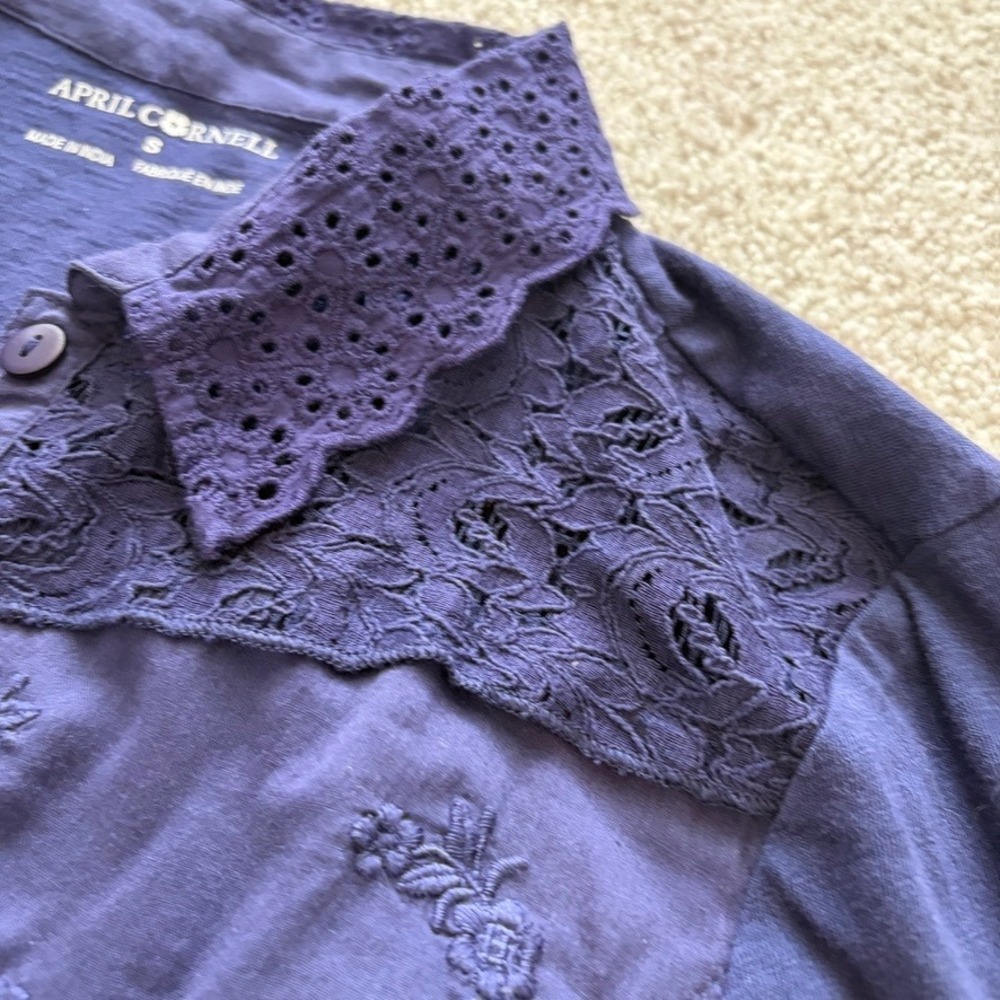 April Cornell‎ Tunic Womens S Blue Ruffle Lace Boho Cottage Collared Relaxed - Picture 5 of 11